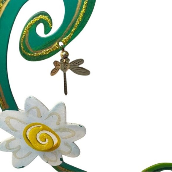 Handcrafted Green & White Floral Metal Sculpture With Dragonfly Accents By Rossi - Picture 6 of 7